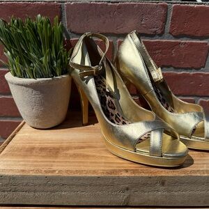 Gold Stiletto Peep-Toe Heels with Straps
